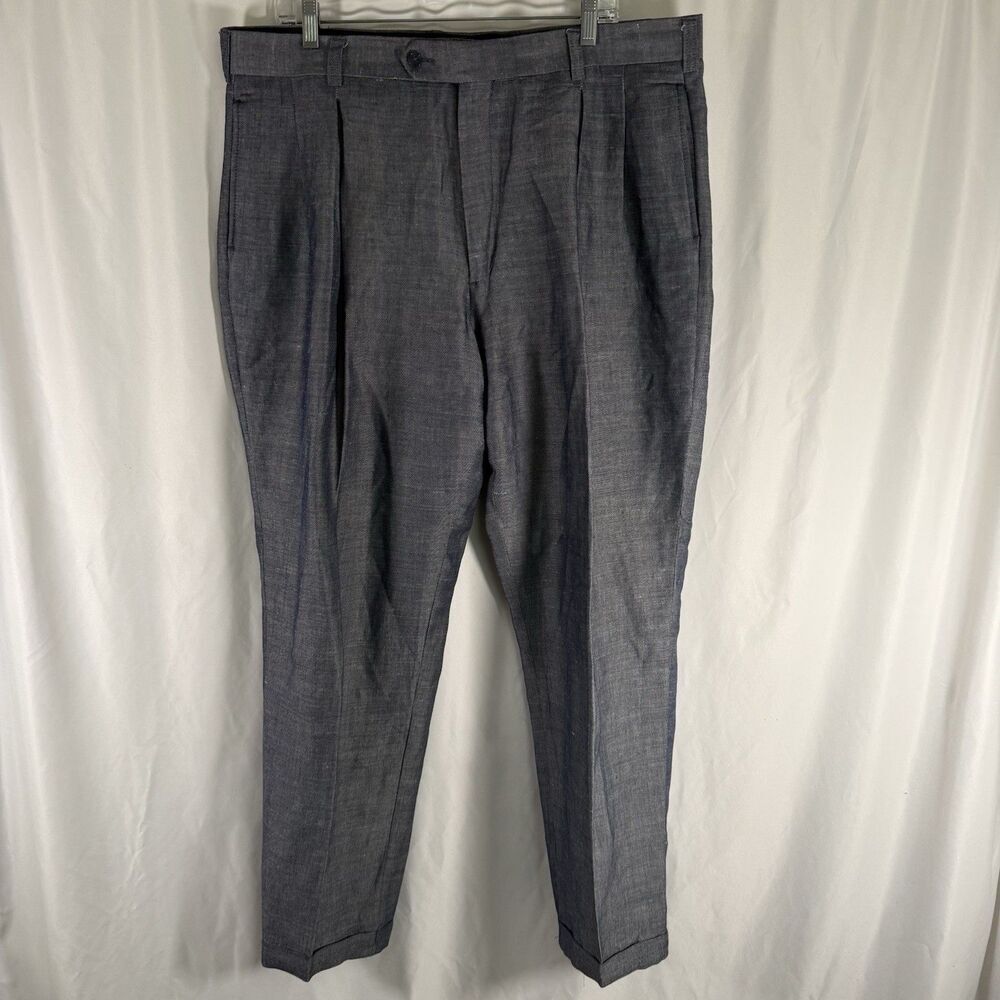 Phat Farm Linen Blend Dress Pants Men's 40x31 Blue Grey Pleated Front Pockets